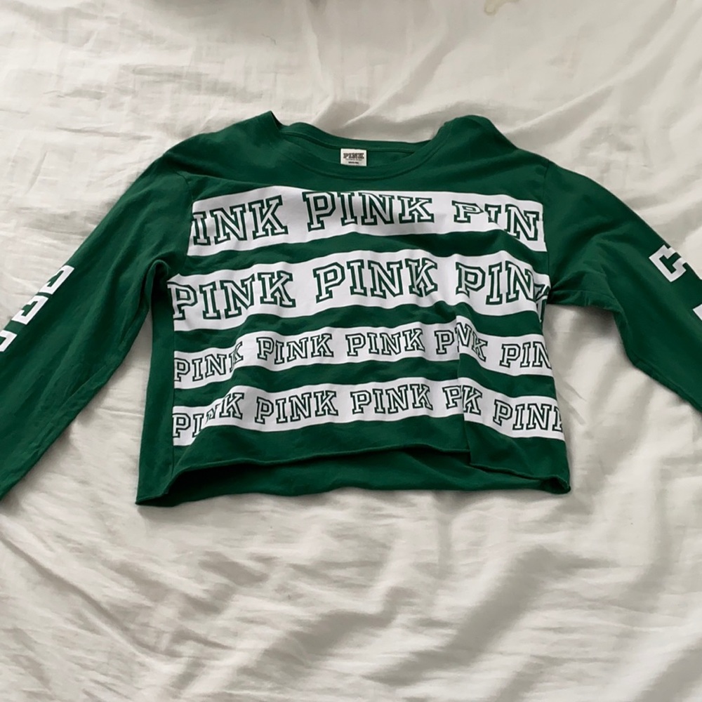Green long sleeve shirt. brand-pink.